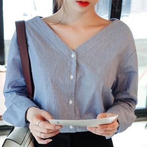 V-neck Stripe Blue long sleeve Blouse